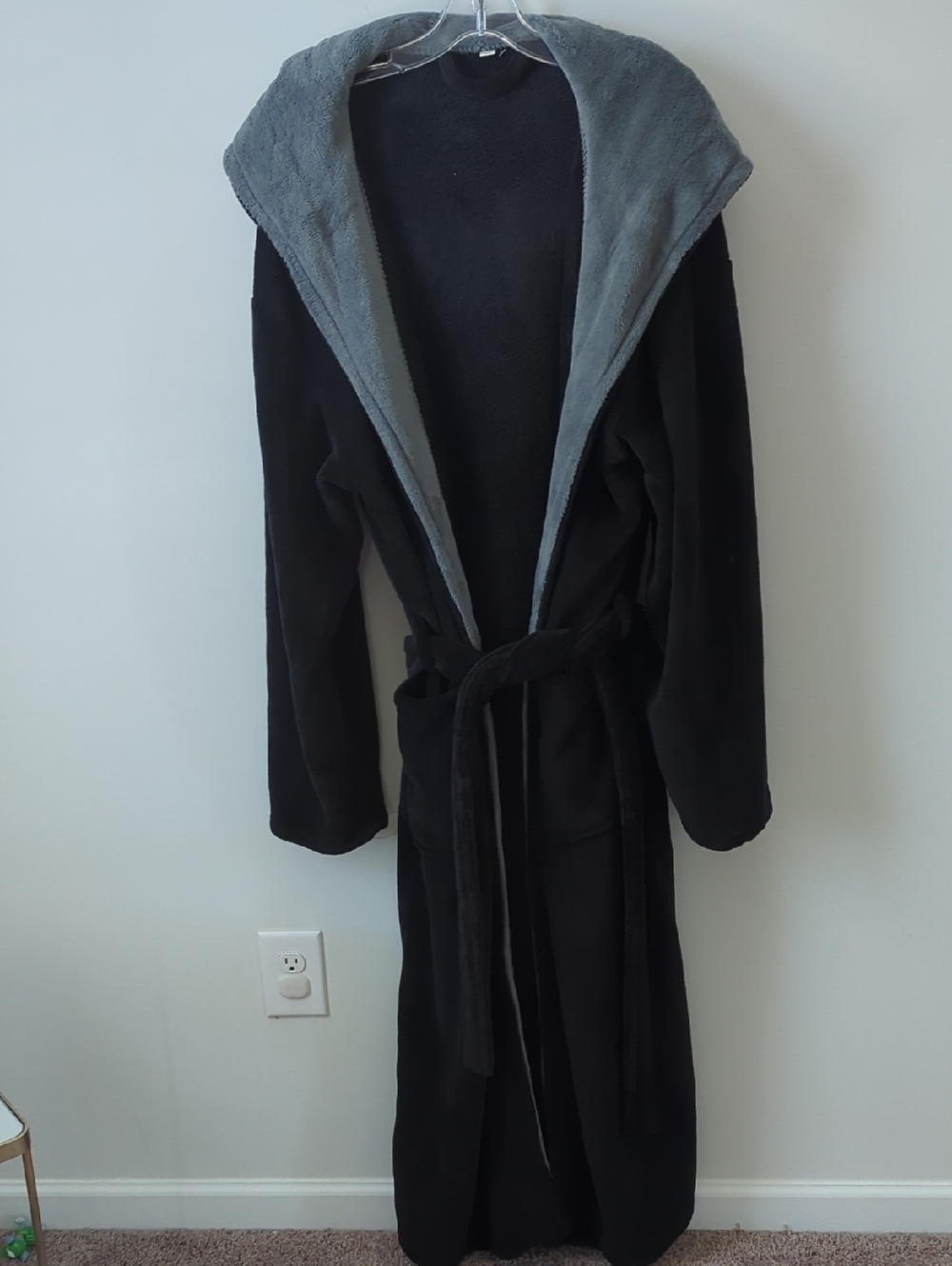 Black Hooded Plush Robe Coat with Gray Lining